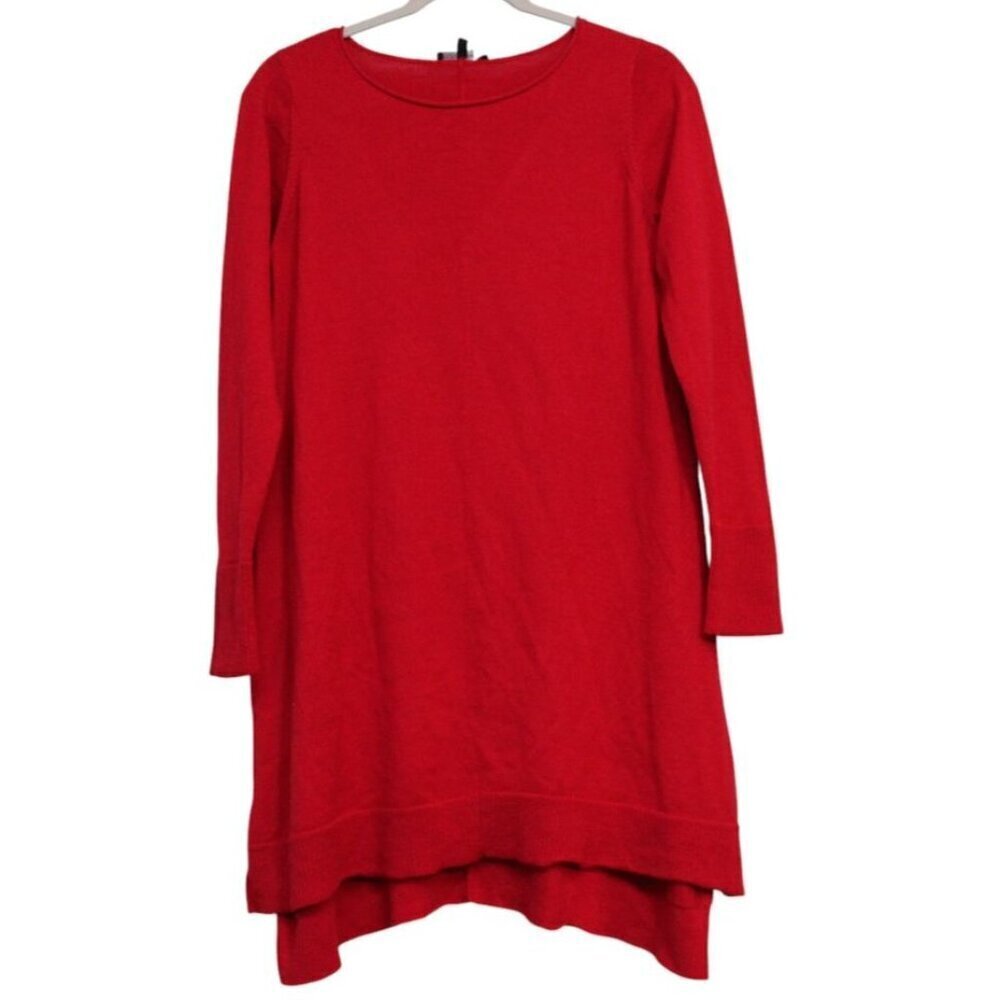 Eileen Fisher Sweater Dress Small Red 100% Merino Wool Classic Knit Tunic Preppy